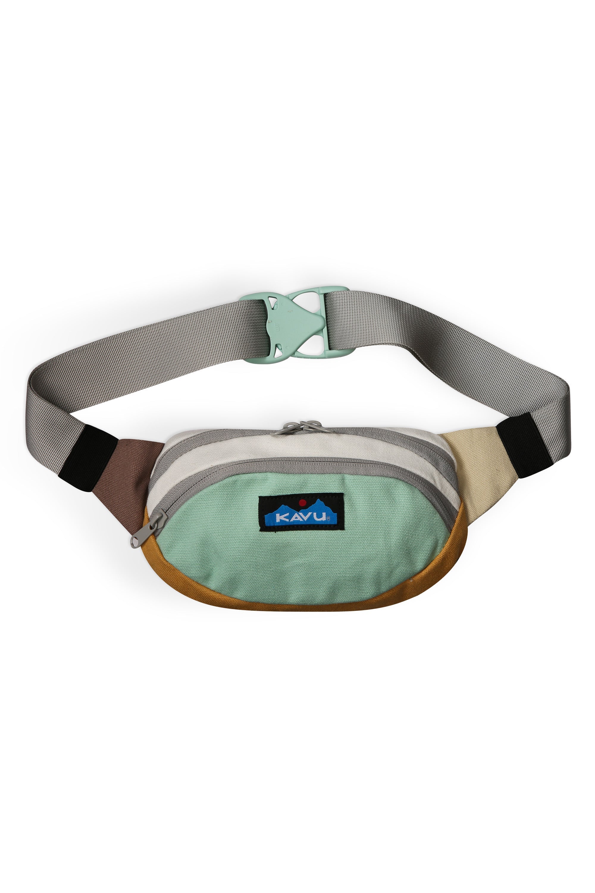 Multi-colored canvas fanny pack with adjustable gray strap on white background