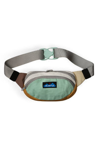 Multi-colored canvas fanny pack with adjustable gray strap on white background