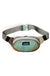 Multi-colored canvas fanny pack with adjustable gray strap on white background