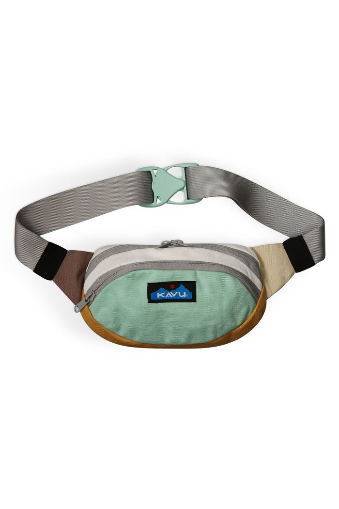 Multi-colored canvas fanny pack with adjustable gray strap on white background