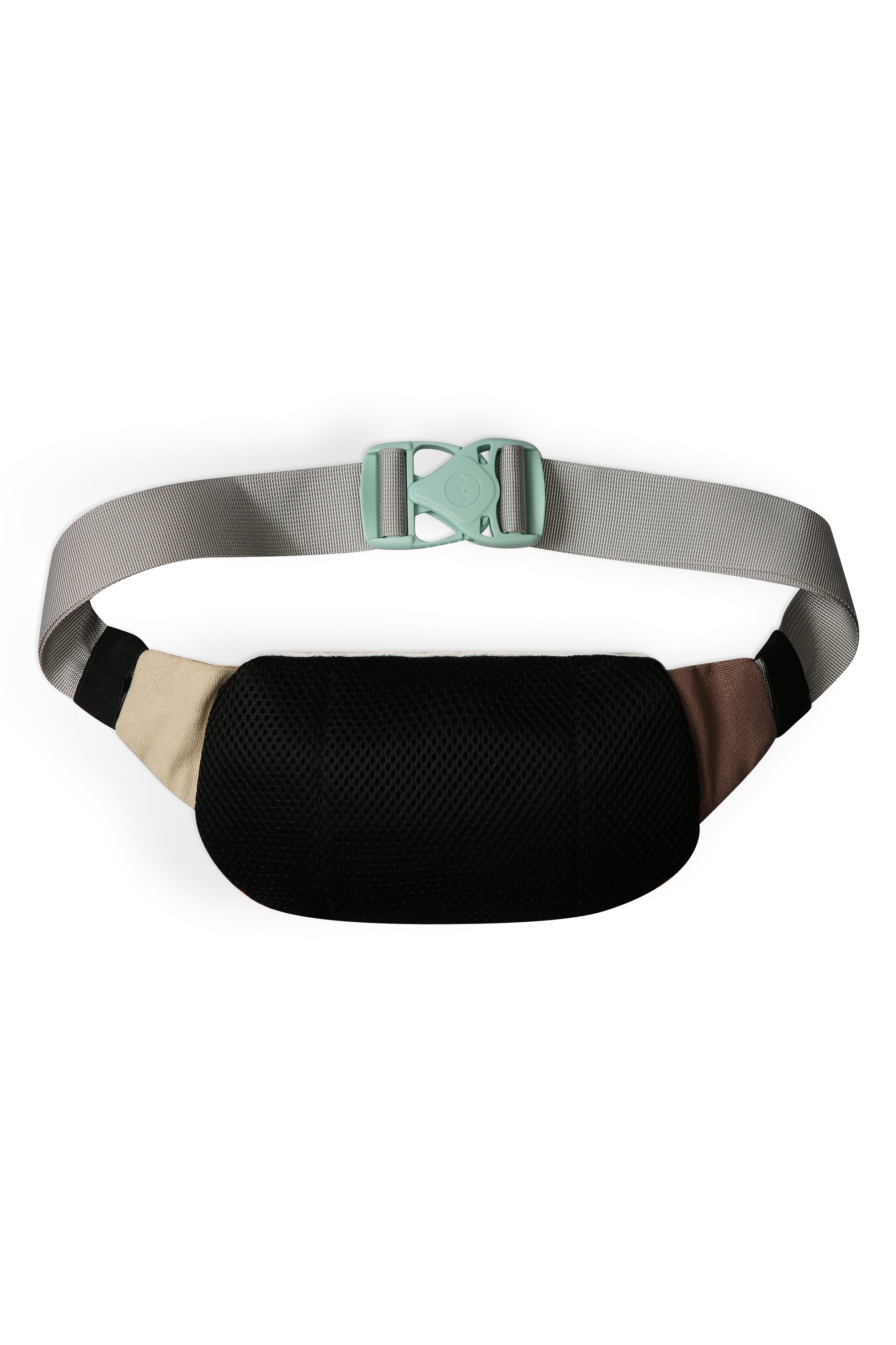 Fanny pack with black mesh front, colorblock panels, and gray adjustable strap with green buckle