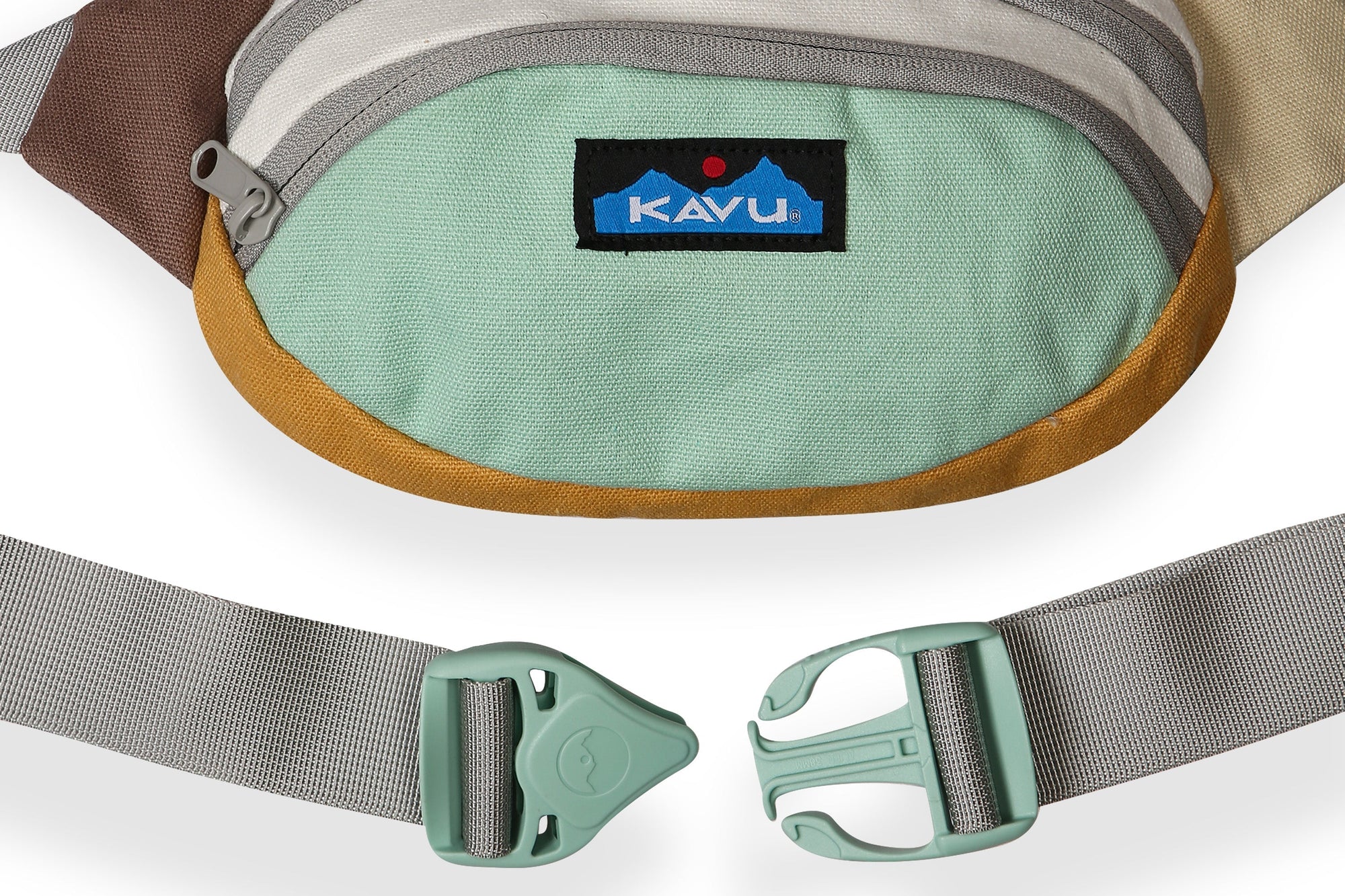 Canvas fanny pack with adjustable strap and buckle closure, showing front compartment and logo patch
