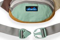 Canvas fanny pack with adjustable strap and buckle closure, showing front compartment and logo patch