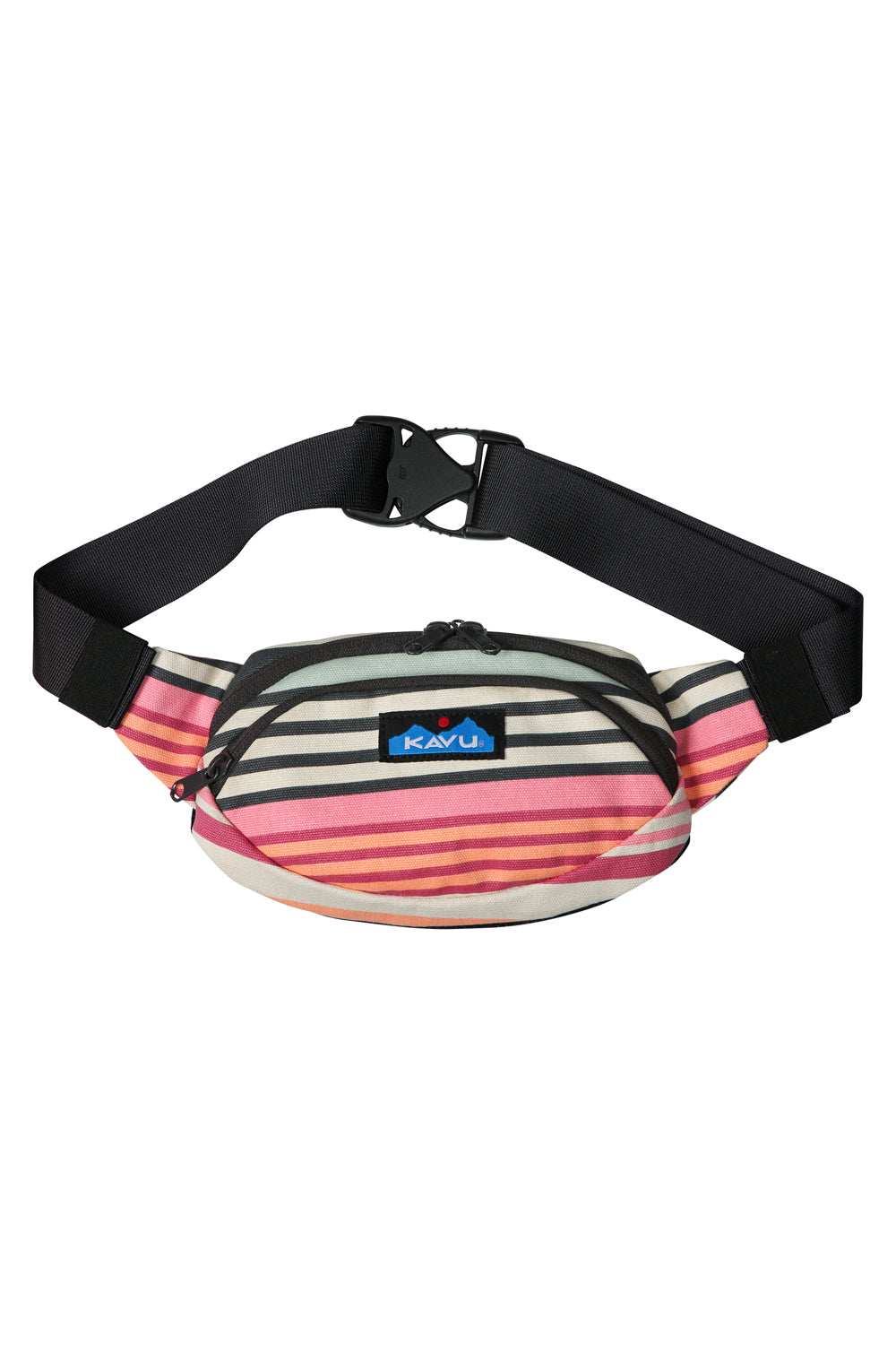 Striped canvas waist pack with multicolored horizontal stripes and adjustable black strap