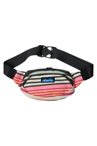 Striped canvas waist pack with multicolored horizontal stripes and adjustable black strap
