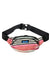 Striped canvas waist pack with multicolored horizontal stripes and adjustable black strap