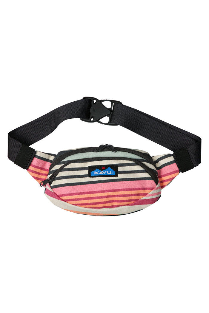 Striped canvas waist pack with multicolored horizontal stripes and adjustable black strap