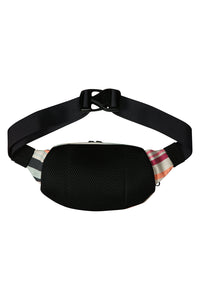 Black canvas waist pack with colorful striped accents and adjustable webbing belt