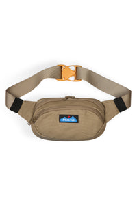Canvas waist pack with adjustable strap and orange buckle, front view on white background