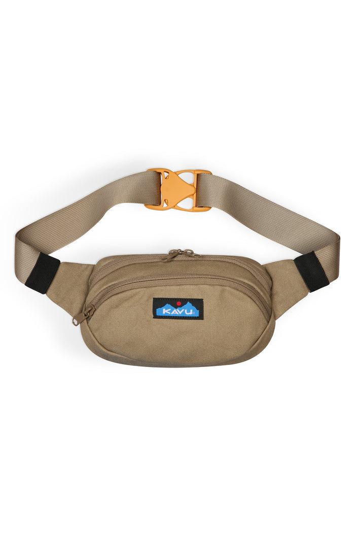 Canvas waist pack with adjustable strap and orange buckle, front view on white background