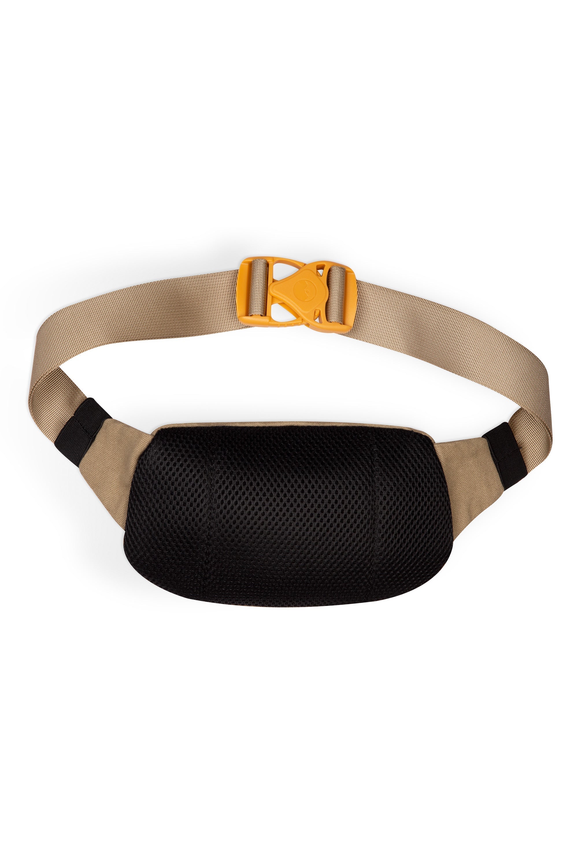 Canvas fanny pack with black mesh front panel and orange buckle on white background