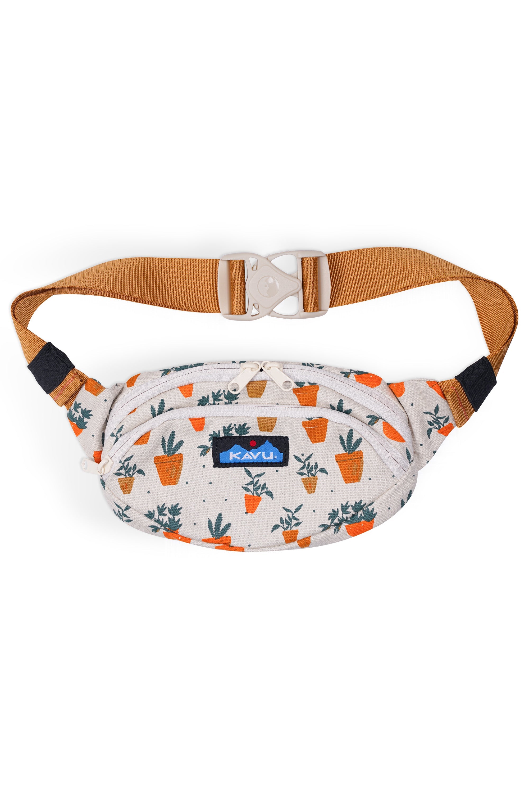 Canvas waist pack with plant pot pattern, orange adjustable strap and white buckle closure