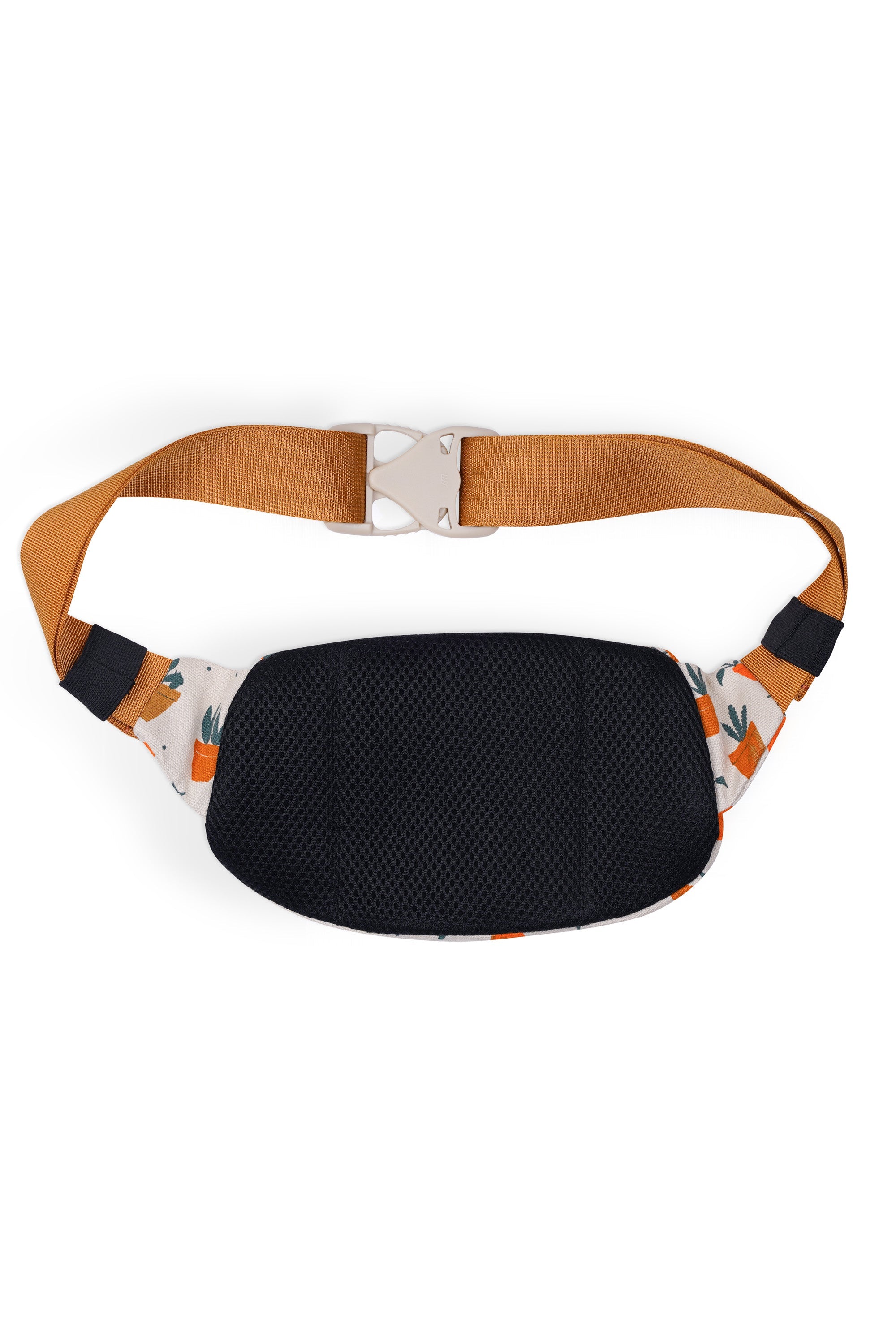 Canvas waist pack with cactus print fabric, black mesh back panel and orange adjustable strap