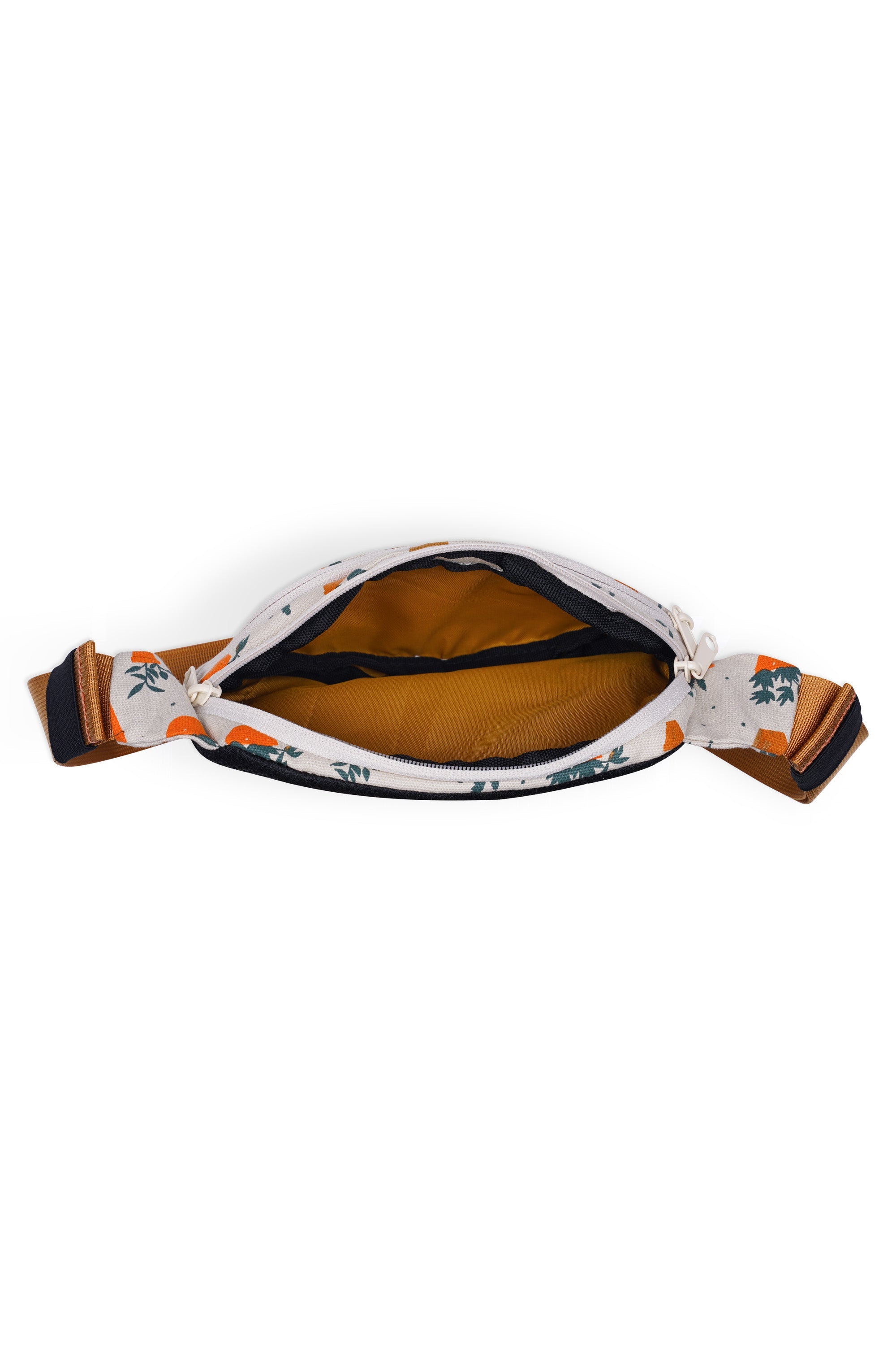 Canvas crossbody bag with fox and plant pattern, shown open displaying interior compartment