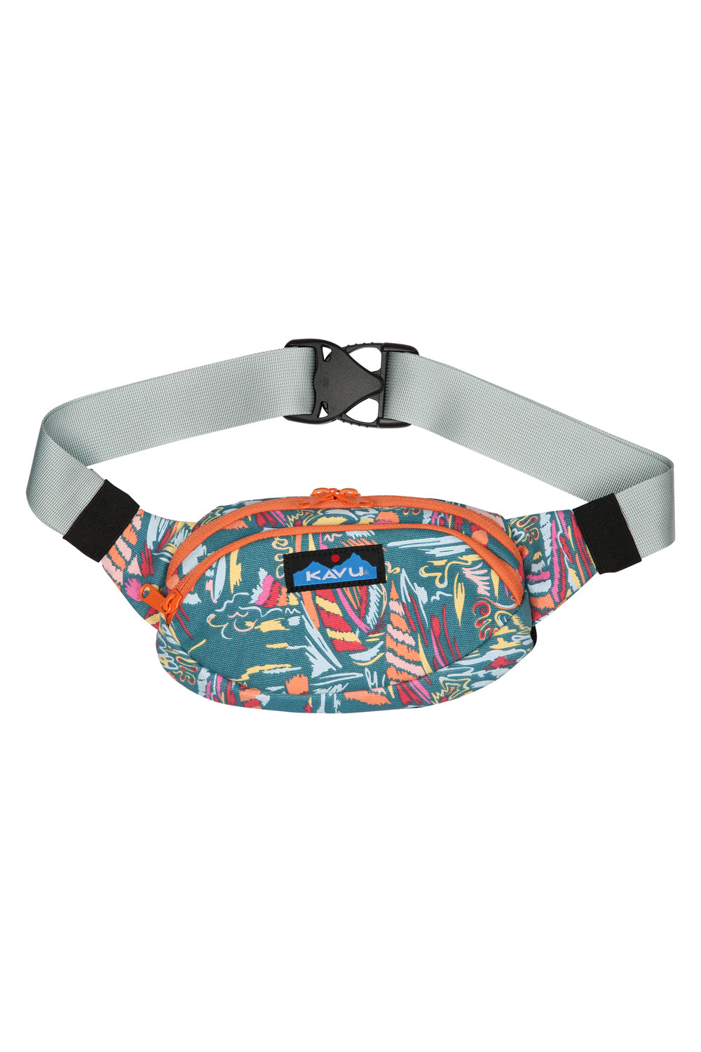 Colorful patterned fanny pack with adjustable gray strap and black buckle, front view