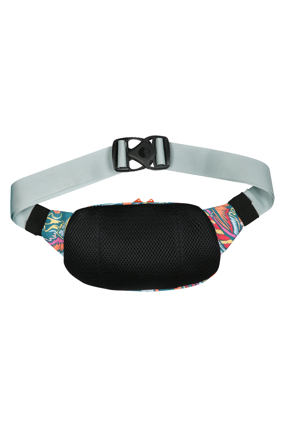 Fanny pack with tropical print fabric, black mesh panel, and gray adjustable strap