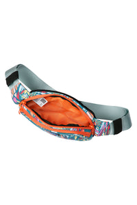 Tropical print crossbody bag with orange interior lining, adjustable gray strap, main compartment open