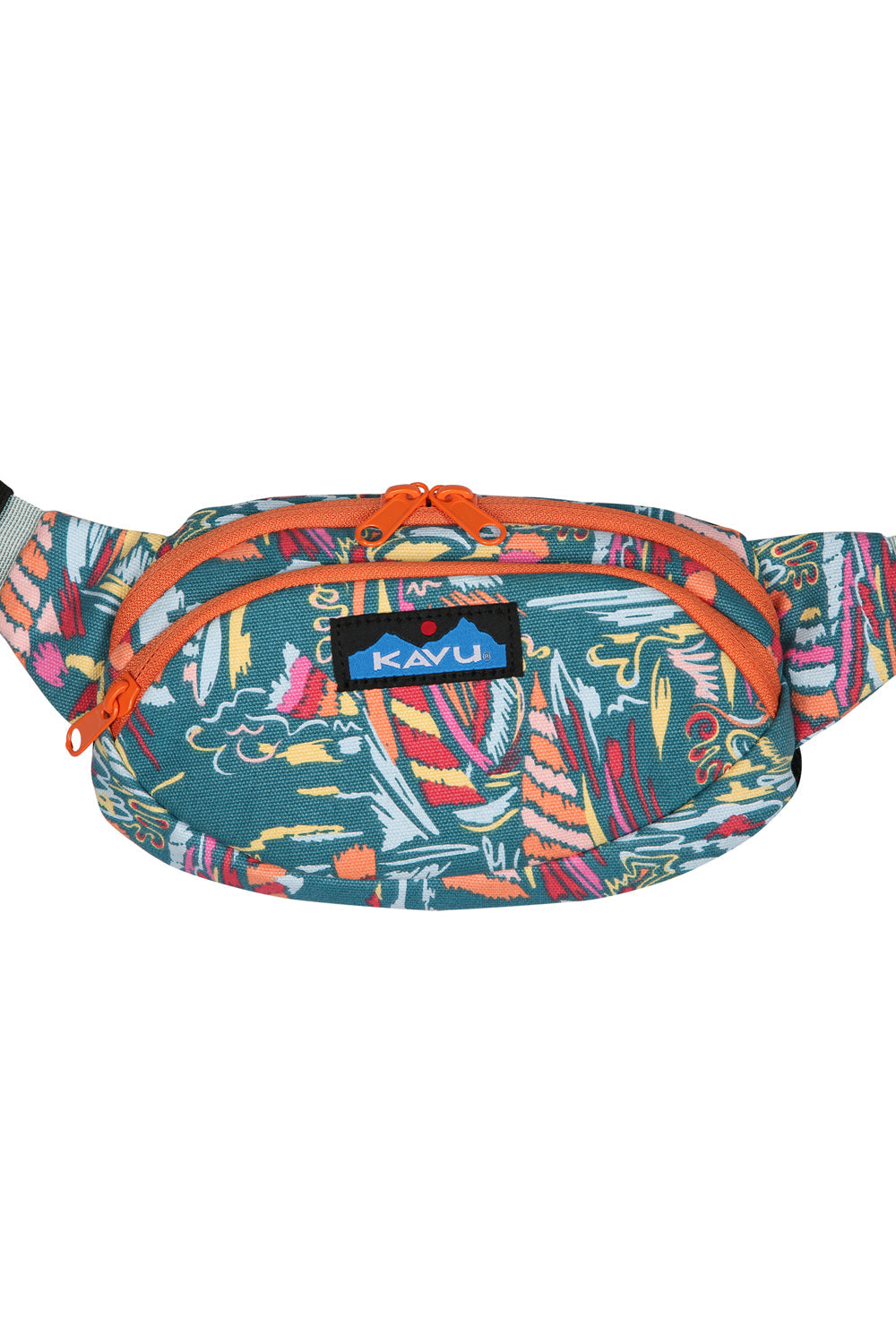 Colorful patterned fanny pack with teal base and tropical geometric design, orange zipper trim