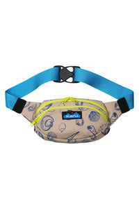 Tan canvas fanny pack with blue seashell pattern, lime green zipper, and blue adjustable strap