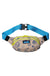 Tan canvas fanny pack with blue seashell pattern, lime green zipper, and blue adjustable strap