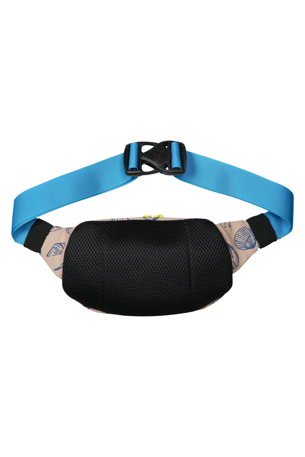 Canvas fanny pack with shell pattern print and bright blue adjustable waist strap