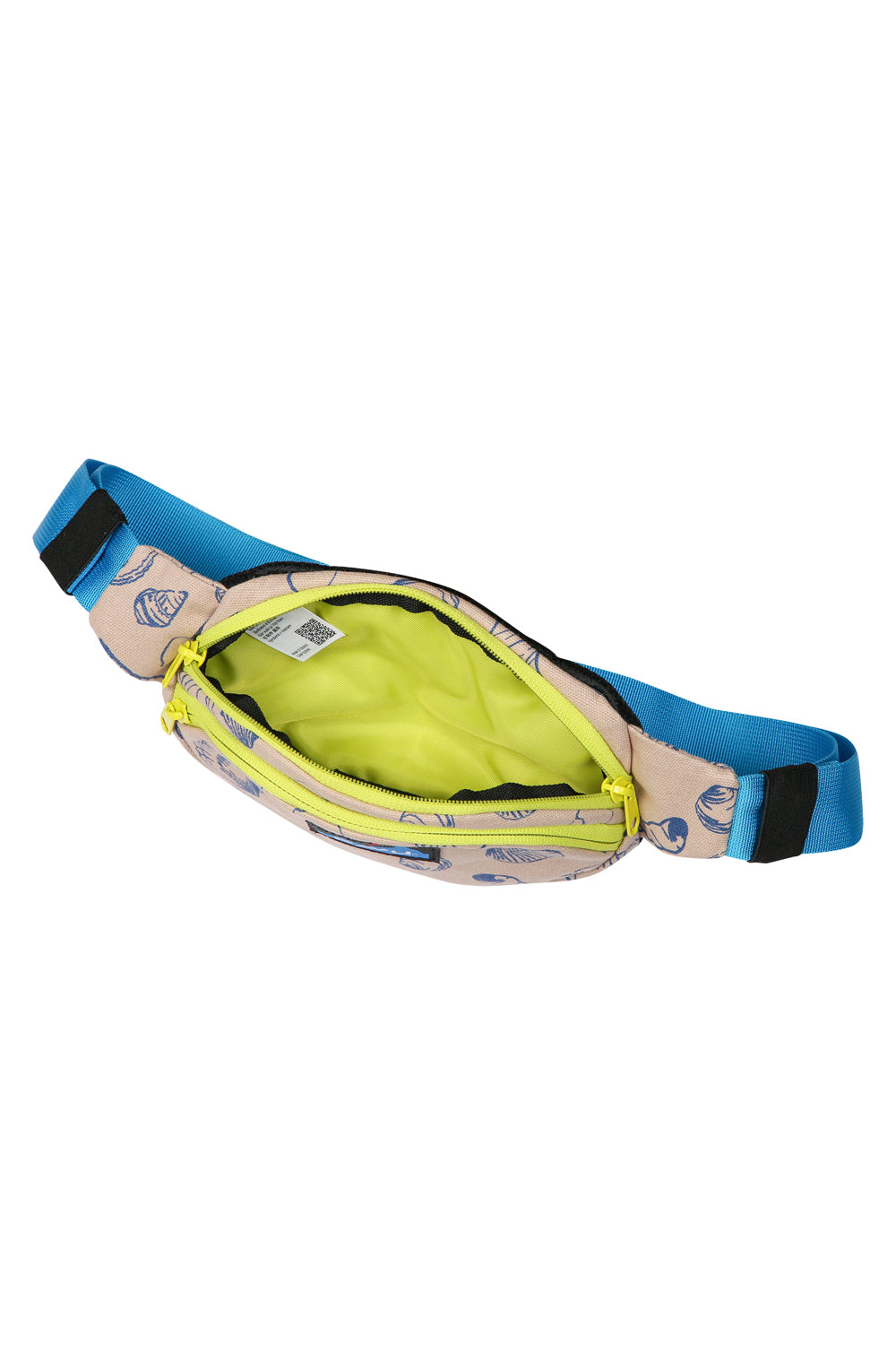 Canvas fanny pack with shell pattern opened to show bright yellow interior lining