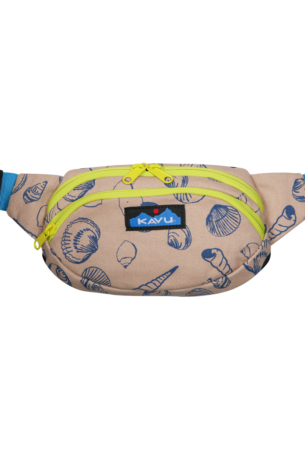 Tan fanny pack with blue seashell pattern and bright yellow zipper trim