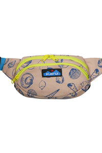 Tan fanny pack with blue seashell pattern and bright yellow zipper trim