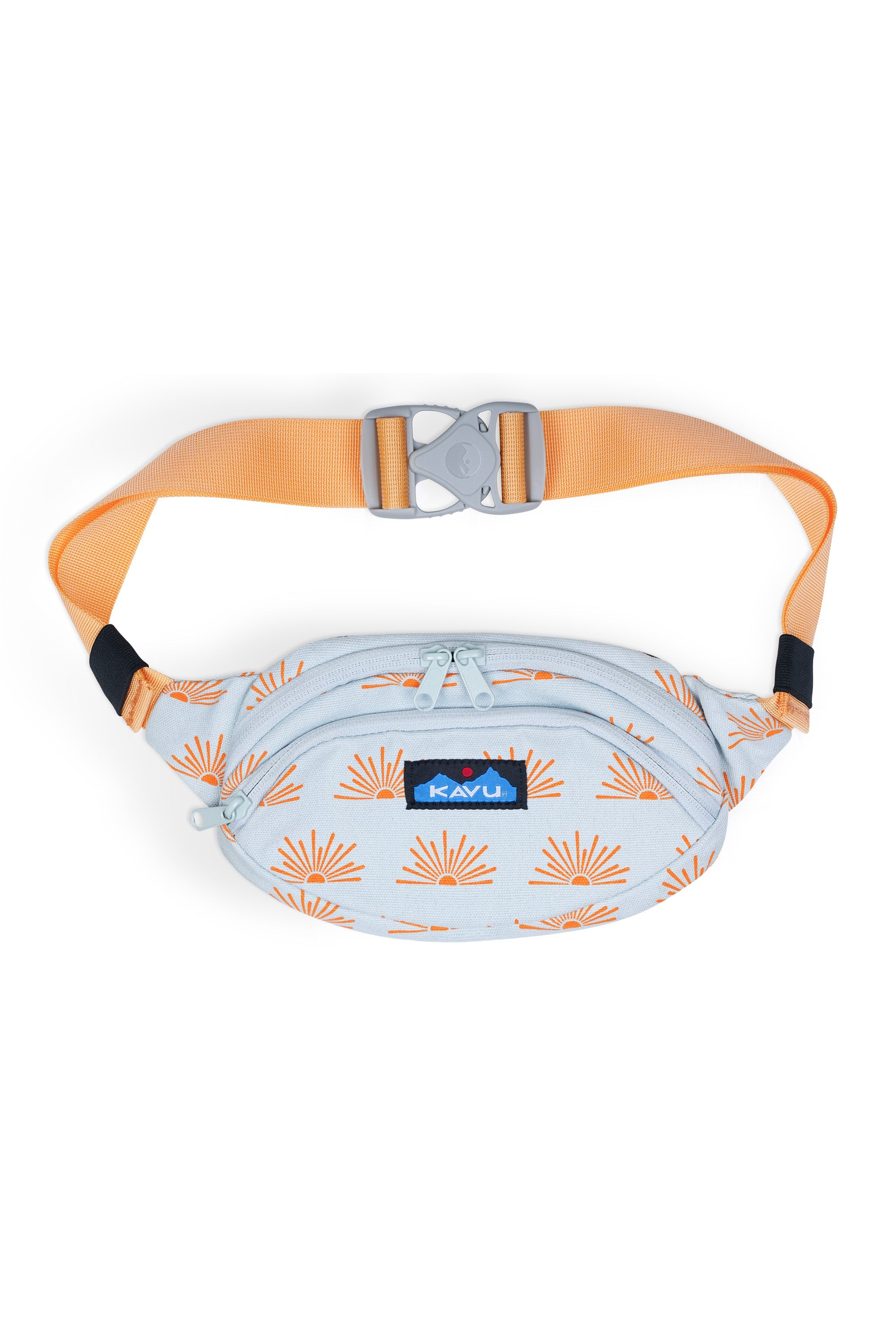 Light blue fanny pack with orange sunburst pattern and orange adjustable strap