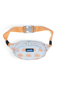 Light blue fanny pack with orange sunburst pattern and orange adjustable strap
