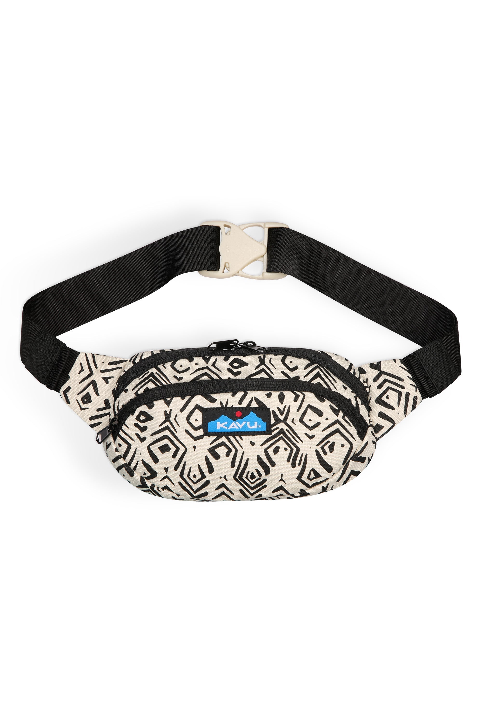 Geometric patterned fanny pack with black adjustable strap on white background