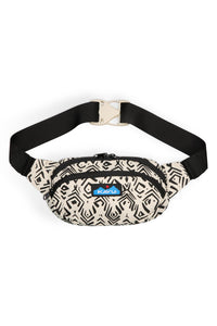 Geometric patterned fanny pack with black adjustable strap on white background
