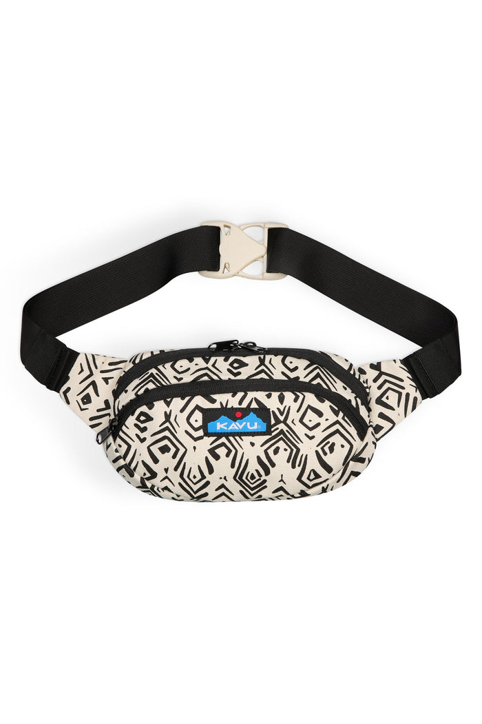 Geometric patterned fanny pack with black adjustable strap on white background