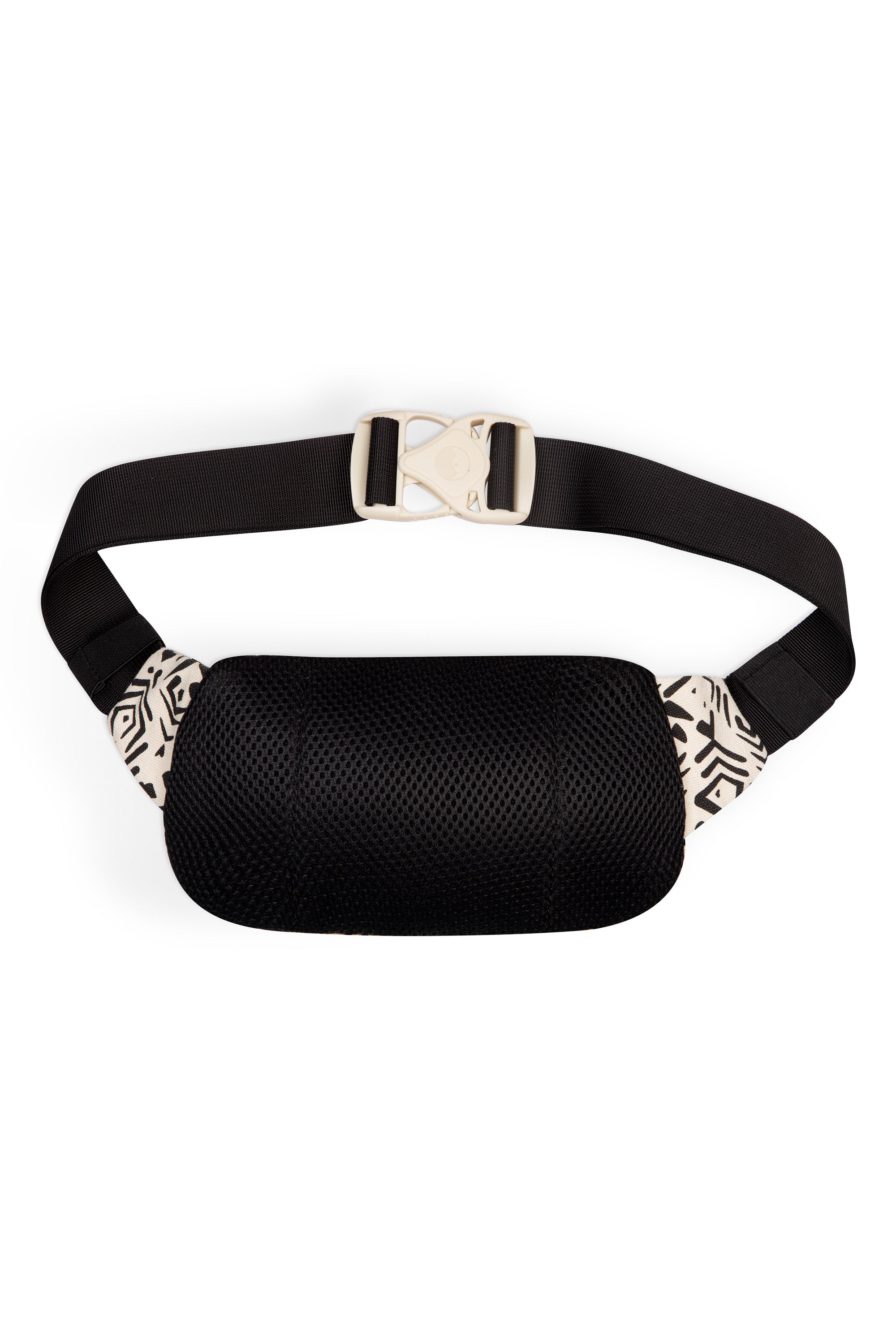 Black mesh fanny pack with geometric pattern accents and quick-release buckle