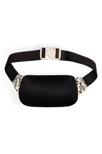 Black mesh fanny pack with geometric pattern accents and quick-release buckle