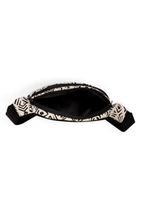 Canvas waist pack with tribal pattern print, shown open with black adjustable strap