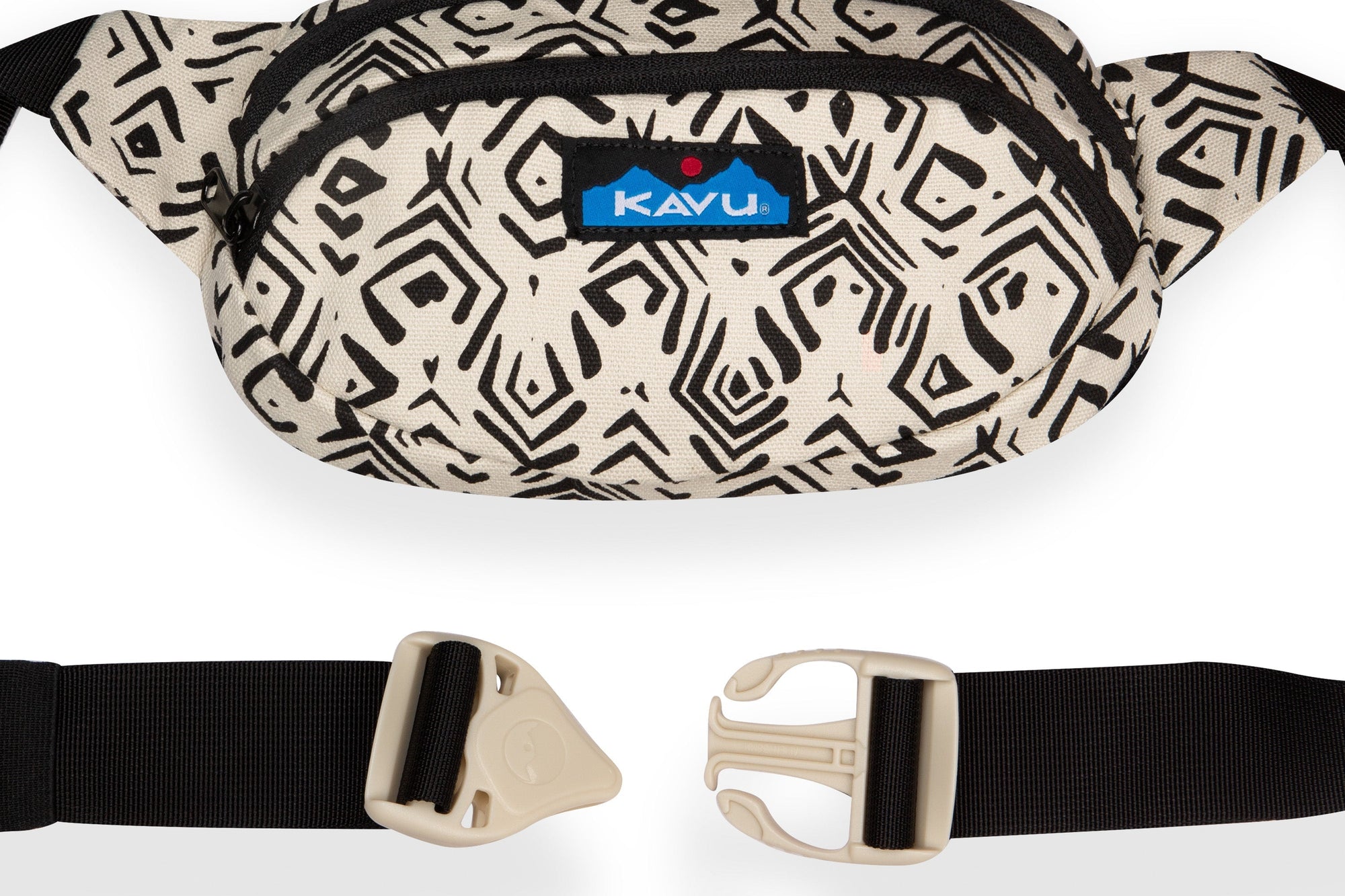 Cream fanny pack with black geometric tribal pattern and adjustable strap with buckle closure