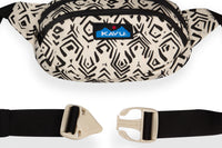 Cream fanny pack with black geometric tribal pattern and adjustable strap with buckle closure