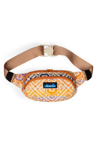 Fanny pack with colorful geometric pattern and tan webbing strap on white background