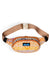 Fanny pack with colorful geometric pattern and tan webbing strap on white background