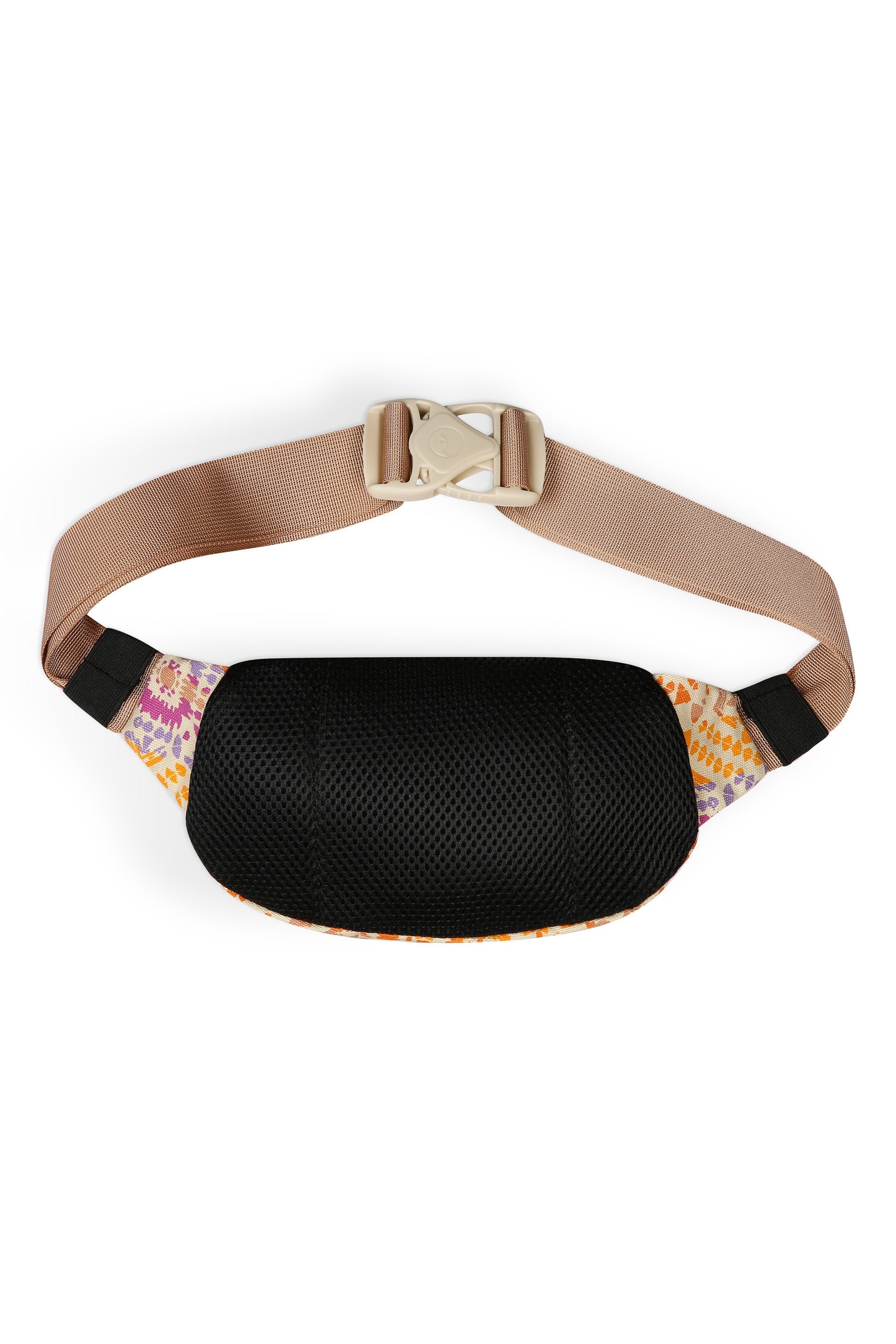 Fanny pack with geometric patterned fabric, black mesh front panel, and tan adjustable strap