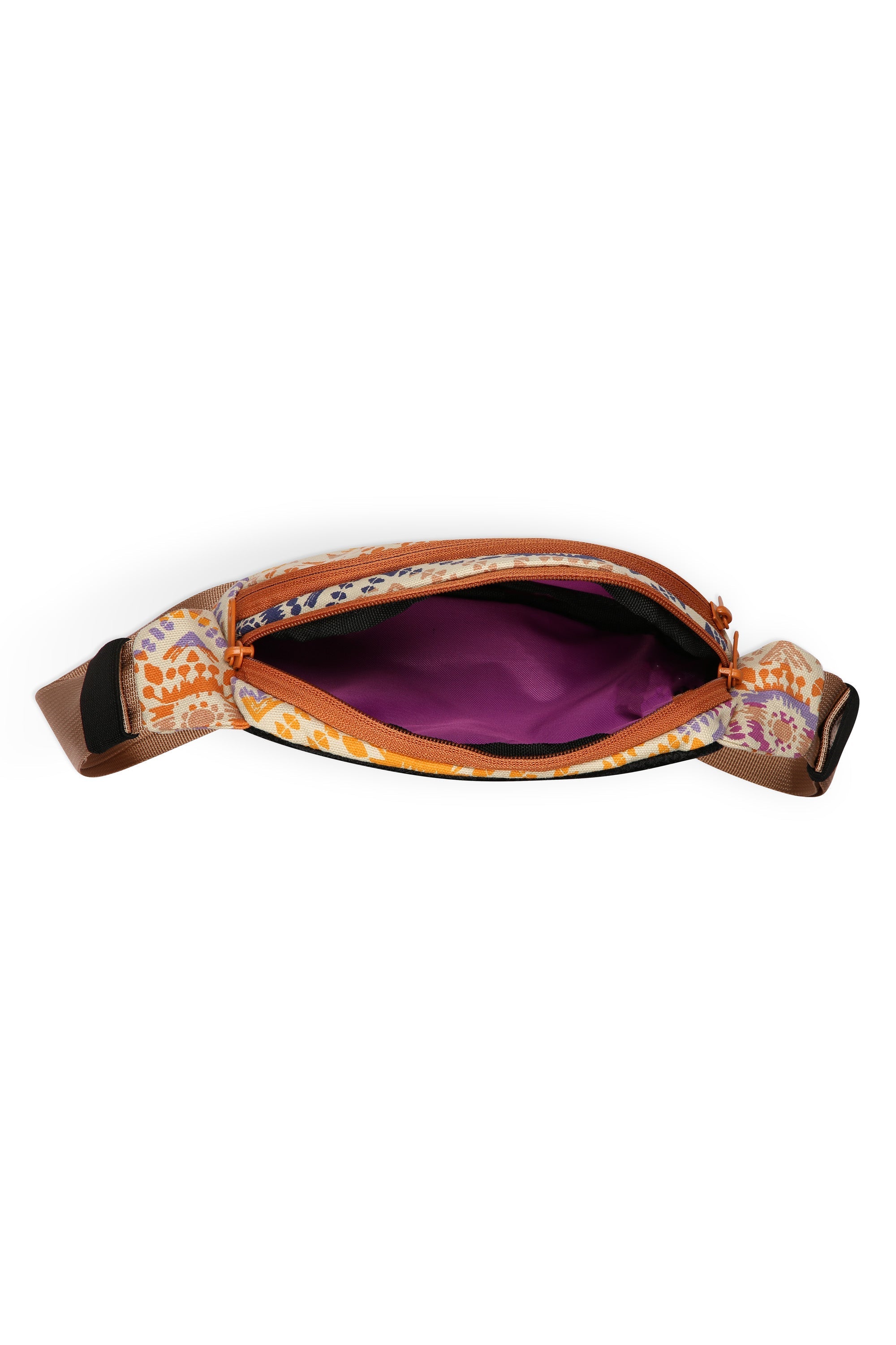 Canvas crossbody bag with colorful geometric pattern, shown open with purple interior lining
