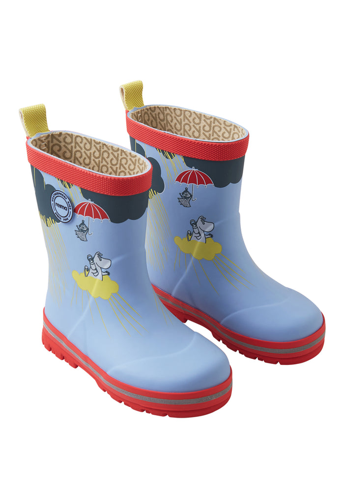 Light blue rain boots with cartoon character design, red soles and trim, yellow pull tabs