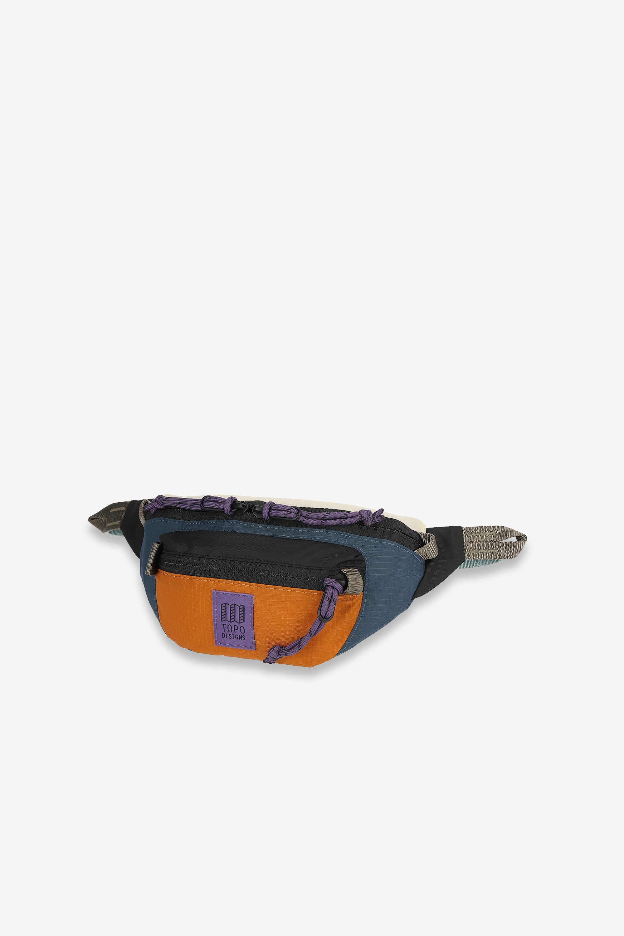 Multi-colored waist pack with blue and orange panels, adjustable strap, front pocket