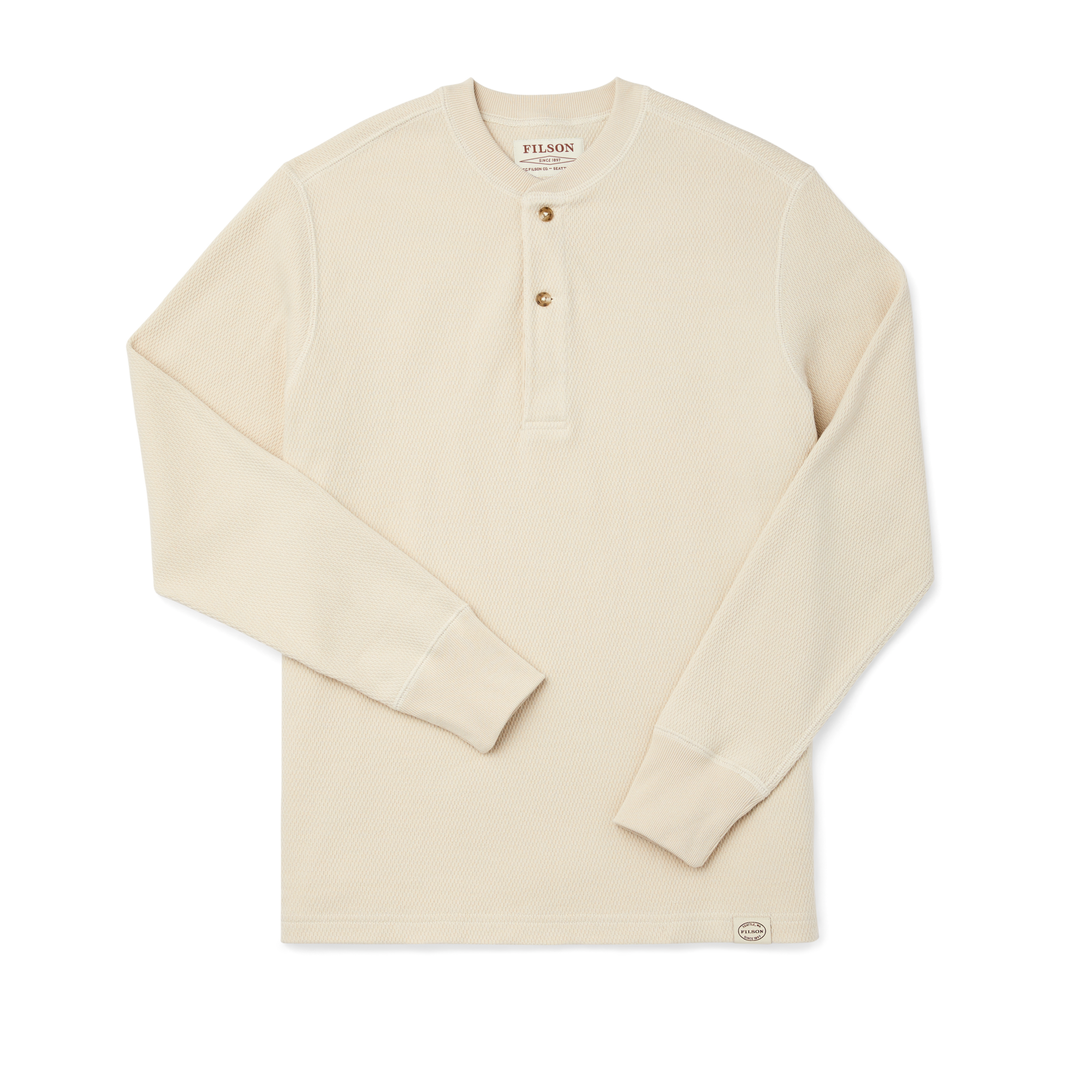 Cream waffle knit henley with long sleeves, two-button placket, and ribbed cuffs, flat lay view