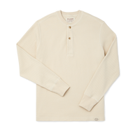 Cream waffle knit henley with long sleeves, two-button placket, and ribbed cuffs, flat lay view