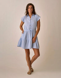 Light blue short-sleeve button-front dress with drawstring waist and tiered skirt