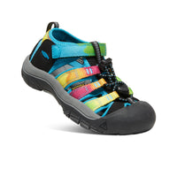 Children's water sandal with rainbow striped webbing straps and black protective toe cap