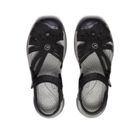 Black sport sandals with gray soles and adjustable ankle straps, top-down view