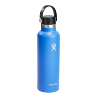 Bright blue insulated stainless steel water bottle with black flex cap and carry loop, front view